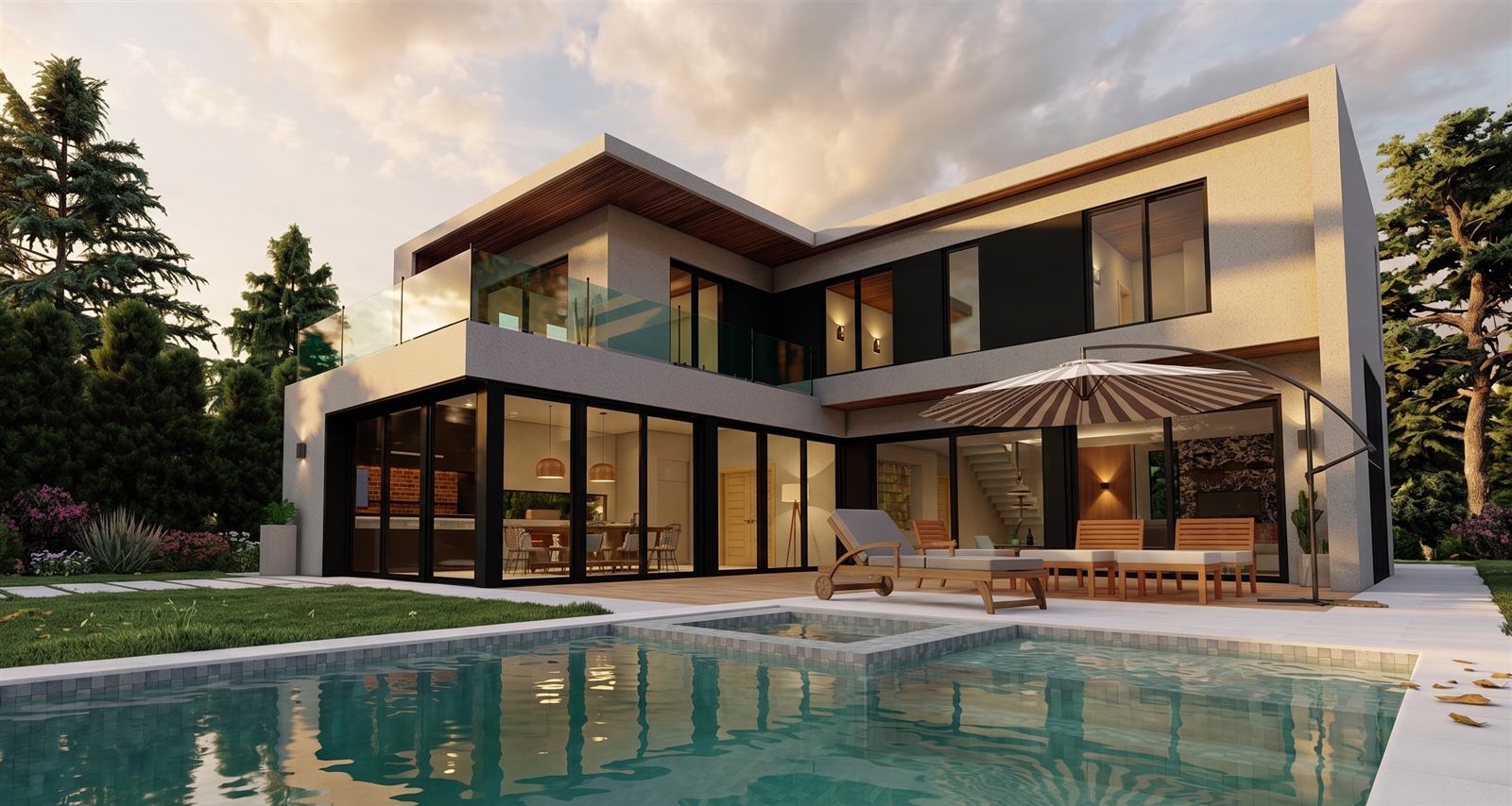 Vivienda al atardecer con galería exterior